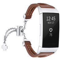 fastgo Leather Bracelet Compatible with Fitbit Charge 3/Charge3 SE Bands, Premium Stainless Steel Replacement Wristbands Classy Women Girls Adjustable (Brown)