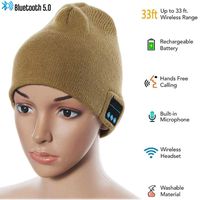 Cupidove Bluetooth Beanie Hat Headphones Headset, Wireless 5.0 Smart Beanie Hat Headphone Speaker Cap, Built-in HD Stereo Speakers & Microphone, Musical Knit Cap for Outdoor Sports, Boys Girls(Khaki)