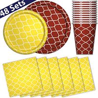 Paper Dinnerware Set for 48 - Red Rust & Yellow - Dinner Plates, Dessert Plates, Cups, Napkins - Heavy Duty Disposable Tableware Dishes for Parties with Lattice Design