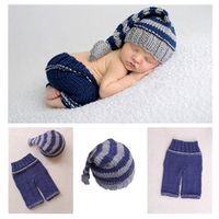 Newborn Baby Photo Shoot Props Girl Boy Crochet Knit Hat Costume Stripe Hat Pants Overalls Photography Props