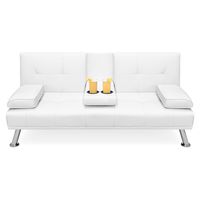Best Choice Products Faux Leather Modern Convertible Folding Futon Sofa Bed Recliner Couch w/Metal Legs, 2 Cup Holders, White