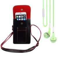 Bundle: Vegan Leather Vertical Crossbody Smartphone Pouch Wallet (Black) & Deluxe Stereo Hands-Free Headset (Green) - for Smartphones up to 6.5-inch, Shoulder Strap, Headphones w/Microphone