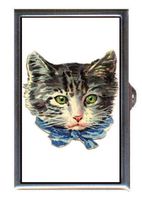 Victorian Cat Green Eyes Blue Ribbon Lovely Decorative Pill Box