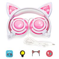 Kids Cat Ear Headphones LED Light 85dB Volume Limit USB Rechargeable for Phone PC Learning Toy Kids Headphones Wired Foldable Over/On Earphones Music Toys Cat Headphones for Girls Boys Gift(Pink)
