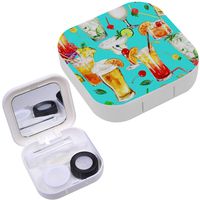 Portable Contact Lens Case Box Travel Kit Mirror + Bottle + Tweezers Container Holder [ Summer Cocktails Watercolor ]