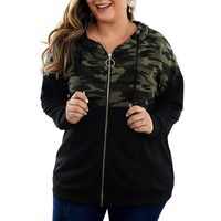 Women's Plus Size Casual Hoodies Sweatshirt,Long Sleeve Camouflage Patchwork Full Zipper Drawstring Top with Pocket