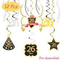 26 Birthday Decoration Happy 26th Birthday Party Silver Black Gold Foil Hanging Swirl Streamers I'm Twenty-six Years Old Today Birthday Hat Gold Star Ornament Party Present Supplies