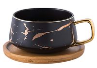 Jusalpha 10 oz Golden Hand Print Tea Cup And Saucer Set/Coffee Cup And Bamboo Saucer Set TCS19 (Black)