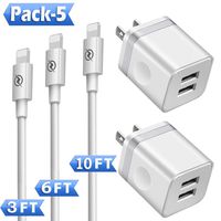 Phone Charger (Pack of 5) , DENWAN 3ft+6ft+10ft Long Charging Cable and Dual USB Wall Plug Charger Block Cube Compatible with Phone 11/ XS/XR/X 8/7/6/Plus SE/5S/5C, Pad Air Mini Pro
