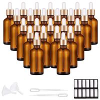 PrettyCare Eye Dropper Bottle 1 oz (24 Pack Amber Glass Bottles 30ml with Golden Caps, 48 Labels, Funnel & Measured Pipettes) Empty Tincture Bottles for Essential Oils