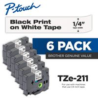 Brother Genuine P-Touch 6-Pack TZe-211 Laminated Tape, Black Print on White Standard Adhesive Laminated Tape for P-Touch Label Makers, Each Roll is 0.23"/6mm (1/4") Wide, 26.2 (8M) Long