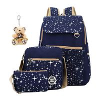 ABage Canvas School Backpack Set 3 Pieces Patterned Bookbag with Pencil Case for Girls and Boys, Blue