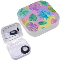 Portable Contact Lens Case Box Travel Kit Mirror + Bottle + Tweezers Container Holder [ Tropical Palm Leaves ]