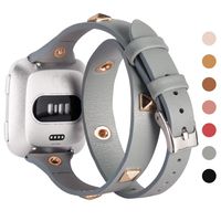 Wearlizer Leather Double Tour Band Compatible with Fitbit Versa/Versa 2 /Versa Lite/Versa SE Women Men,Slim Genuine Leather Rivet Watch Bands Compatible for Fitbit Versa（Gray）