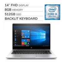 HP EliteBook 840 G5 2019 Premium 14'' FHD Laptop Notebook Computer, 4-Core Intel i5-8250U 1.6 GHz, 8GB RAM, 512GB SSD, Backlit Keyboard, No DVD, Wi-Fi, Bluetooth, Webcam, HDMI, Windows 10 Pro