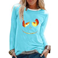 ANJUNIE Womens Halloween Print Shirts O-Neck Long Sleeve Top Loose T-Shirt Blouse(1-Sky Blue,XL)