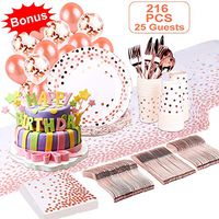 216 PCS 25 Guests Elegant Rose Gold Paper Plates, Disposable Dinnerware Set Rose Gold Party Plates Include Plates, Cups, Napkins, Knives, Forks, Spoons, Table Runner, Confetti Balloons for Birthdays.
