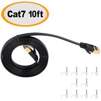 Cat 7 Ethernet Cable 10 ft Flat - Shielded 10GB Cat7 Slim Ethernet Patch cord - Fastest Internet RJ45 wire short for Modem, Router, LAN, Computer, PS4 - Higher speed than Cat 5e, Cat 6 Network - Black