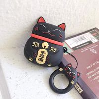 BONTOUJOUR AirPods Case, Super Cute Creative Chinese Rich Money Cat Lucky Kitty Fortune Cat Theme TPU Silicone Cover Protective Skin for AirPods 1&2+Hook-Black
