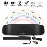 Antop Amplified Indoor Am/FM Antenna, 50 Mile Radio Antenna, Built-in Digital Amplifier Booster for Stereo Radio Audio Signals Rf Broadcast Receiver with Adapter Connector