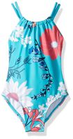 Kanu Surf Girls' Toddler Jasmine Beach Sport Halter One Piece Swimsuit, Paige Floral Aqua, 4T