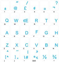 FRENCH QWERTY CANADIAN KEYBOARD STICKERS WITH BLUE LETTERING ON TRANSPARENT BACKGROUND