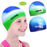 aegend Kids Swim Cap (Age 10-12), 2 Pack, Blue & Green