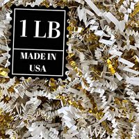 Crinkle Cut Paper Shred Filler for Packing and Filling Gift Baskets, Natural Craft Bedding in Brown Kraft Red Pink White Green Yellow Blue and White … (1 LB, White and Gold)