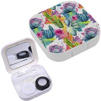 Portable Contact Lens Case Box Travel Kit Mirror + Bottle + Tweezers Container Holder [ Exotic Wildflower Cactus Watercolor ]