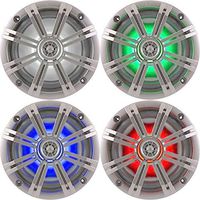 2- Pair (4-Speakers) Multi Color LED Lights Kicker 6.5" 195W Marine Audio Coaxial Stereo, Silver Grills