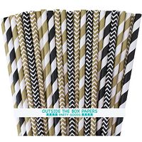 Outside the Box Papers Black and Gold Chevron and Striped Paper Straws 7.75 Inches 100 Pack Black, Gold, White