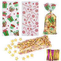 WeiMeet 100 Pieces Christmas Cellophane Bags Clear Snack Candy Cookie Bags with 150 Pieces Twist Ties for Christmas Party Gift Supplies