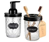 Mason Jar Bathroom Accessories Set - Includes Mason Jar Foaming Hand Soap Dispenser and Toothbrush Holder - Rustic Farmhouse Decor Apothecary Jars Bathroom Countertop and Vanity Organizer (Black)
