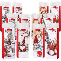 12 Pack of Wine Bottle Gift Bags - Includes White Tissue Paper - for Christmas and Holiday Present Wrapping (Christmas Tomte Gnomes)