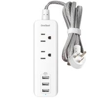 Power Strip with 2 Outlets and 3 USB Charging Ports(3.1A, 15W), Desktop Charging Station with 5 ft Braided Extension Cord, Flat Plug Travel Power Strip for Hotel, Cruise Ship, Home and Office, White