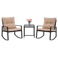 SUNCROWN Outdoor 3-Piece Rocking Bistro Set: Black Wicker Furniture-Two Chairs with Glass Coffee Table (Brown Cushion)