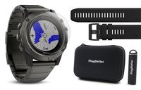 Garmin Fenix 5X Sapphire (Slate Gray with Metal Band) Bundle with Extra Band, Screen Protector, PlayBetter Portable Charger & Protective Hard Case | Multi-Sport GPS, TOPO Maps/Navigation, On-Wrist HR