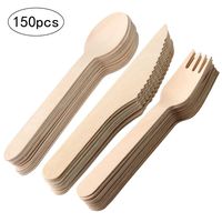 150 Pieces Disposable Wooden Cutlery Set, Eco-Friendly Cutlery Recyclable Ecofriendly Utensils ? 50x Forks 50x Knives 50x Spoons