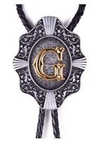 Moranse Golden Initial A to Z in Flower Nursery Cowboy Bolo Tie with Cowhide Rope(G)