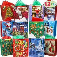 12 Christmas Painting Style Gift Bags Bulk with Handles and Name Tags Assorted Designs for Xmas Holiday Wrapping Goodie Bags Party Favor Supplies, Present Wrap Décor, School Classroom Goody Bags.