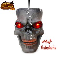 VATOS Halloween Decoration Hanging Skull Head with LED Flashing Eyes & Scary Laughter & Biting Mouth Acoustic Sensor Voice Control Zombie Head| Best Festival Outdoor Indoor Yd Pub Party Decor Favor