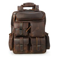 Men's Vintage Classic Leather Travel Weekender Casual Outdoor School Multi-pockets Case 14 Inch Laptop Luggage Suitcase Daypack Overnight Backpack Shoulder Bag Tote Handbag Brown