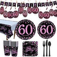 Trgowaul 60th Birthday Party Supplies - Pink and Black Disposable Paper Plates, Napkins, Cups, Tablecover Forks, Knives and Spoons for 16 Guests and Party