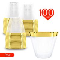 Plastic Cups 9 oz, 100 Wedding and Graduation Disposable Cups, Clear Party Cups, Gold Rimmed Plastic Glasses, BPA Free