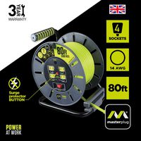 Masterplug 80ft Open Cord Reel with 4 120V / 13 amp Integrated Outlets and Thermal Overload Breaker