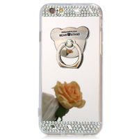 IKASEFU Luxury Crystal Rhinestone Soft Silicone Rubber Bumper Bling Diamond Glitter Mirror Makeup Case Cover with Bear Ring Stand Holder Compatible with iPhone 7 Plus 5.5" (Silver)