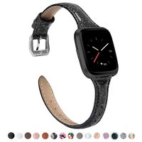 TOYOUTHS Leather Strap Compatible with Fitbit Versa/Versa 2 Bands for Women Men Slim Glitter Genuine Leather Wristbands Replacement for Versa Lite Edition/Versa SE Classic Accessorie Glitter Black