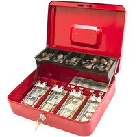 Kyodoled Large Cash Box with Money Tray and Lock, Metal Money Box Safe, Cash Register,5 Compartments Cantilever Tray & 4 Spring-Loaded Clips for Bills,11.81"x 9.45"x 3.54", Red