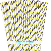 Striped Paper Straws - Yellow Gray White - 7.75 Inches - Pack of 100 - Outside the Box Papers Brand