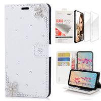 STENES Bling Wallet Case Compatible with iPhone 7 Plus/iPhone 8 Plus, 3D Handmade Flowers Design Leather Case with Wrist Strap & Screen Protector [2 Pack] - White